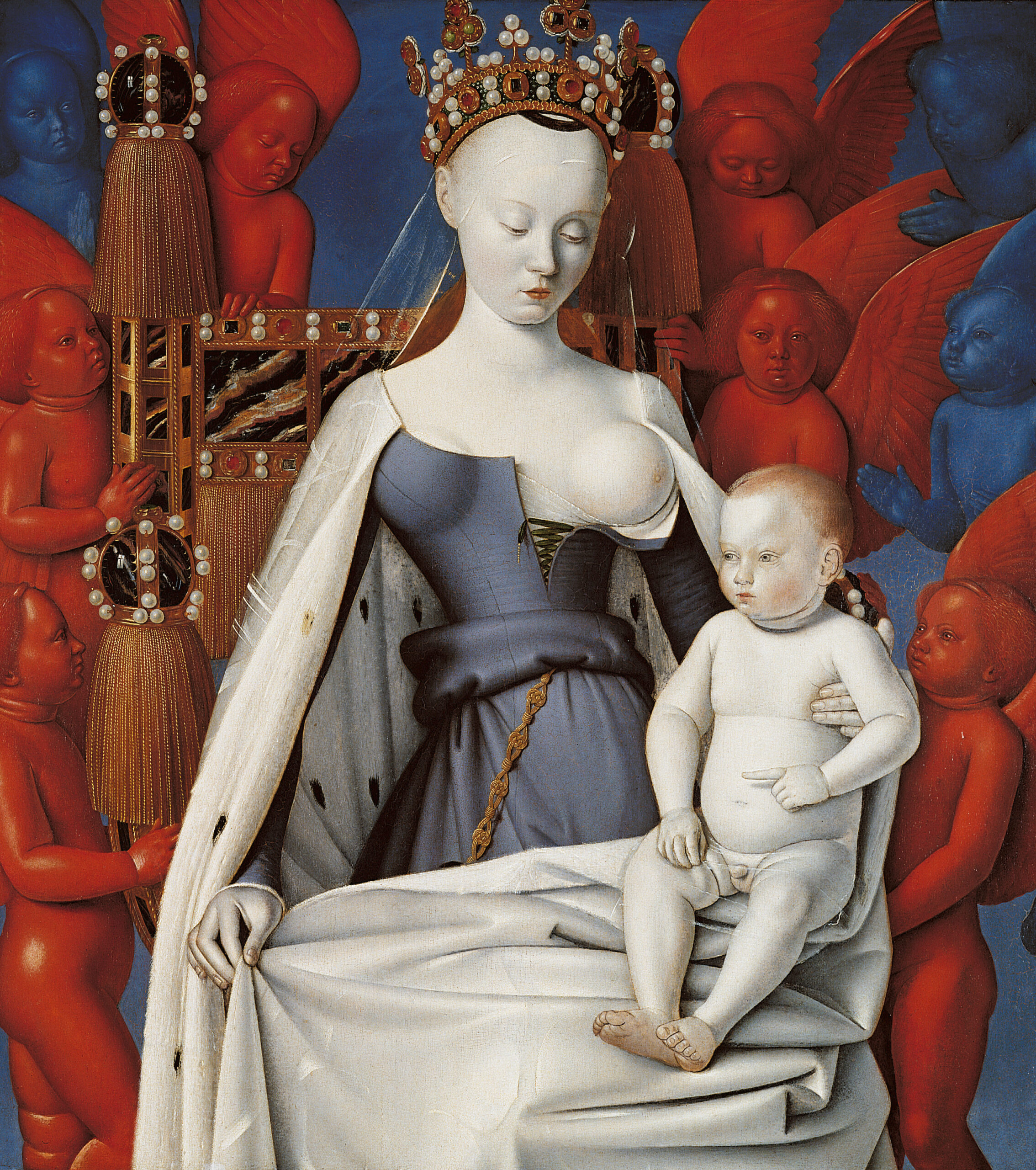 Madonna and Child by Jean Fouquet, circa 1450. Renaissance painting depicting a pale-skinned Virgin Mary with exposed breast, wearing an ornate crown, holding infant Jesus, surrounded by red and blue angels