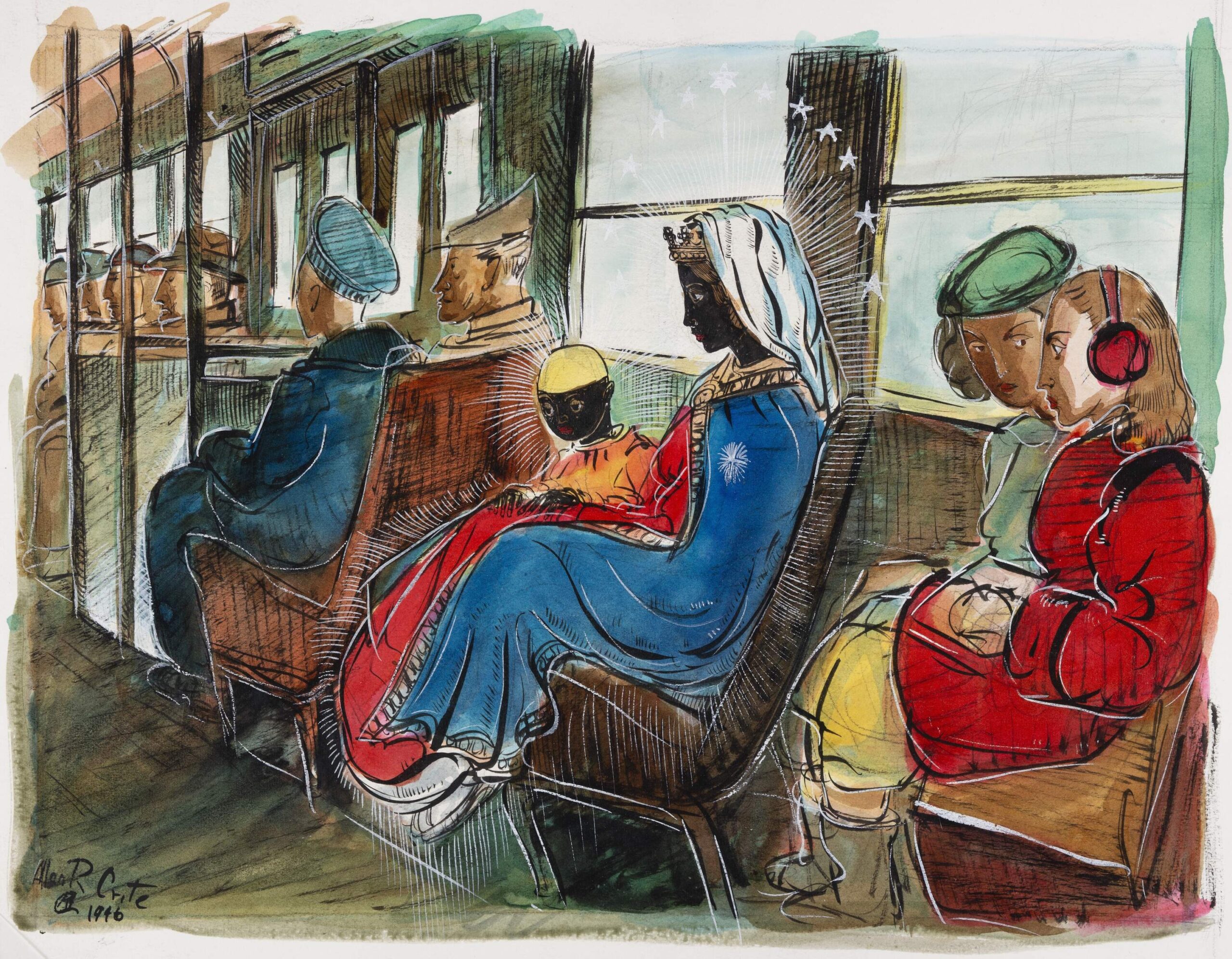 Madonna of the Subway by Allan Rohan Crite, 1948. Watercolor illustration showing a Black Madonna in blue robes holding a child on a subway train, surrounded by diverse passengers