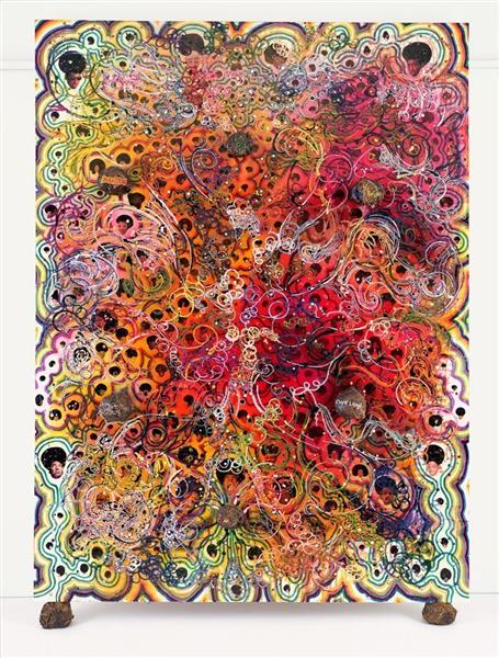 Afrodizzia (2nd Version) by Chris Ofili, 1996. Vibrant mixed media painting with intricate swirling patterns in orange, pink, yellow, and red creating a psychedelic ornamental composition, displayed on elephant dung supports