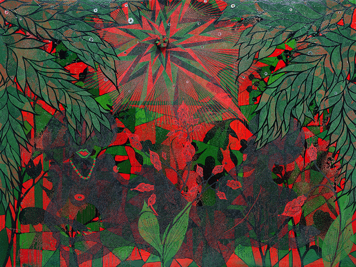 Afronirvana by Chris Ofili, 2002. Mixed media painting featuring vibrant red and green colors with tropical foliage, abstract patterns, and dark silhouetted figures creating a layered composition