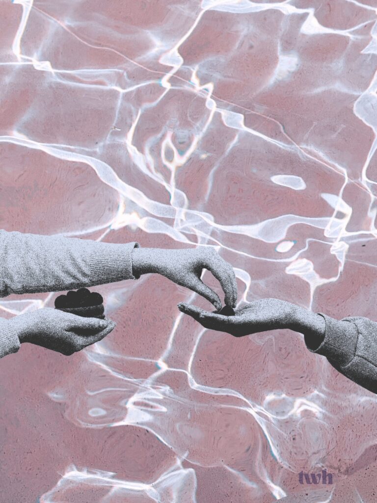 Edited image that shows two hands in front of a pink background. One hand has lots of items, and the other hand only has one.