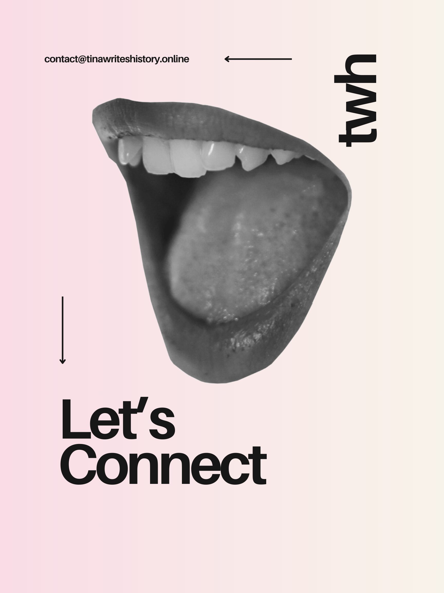 Graphic illustration of an open mouth with tongue, paired with 'Let's Connect' text on a pink gradient background