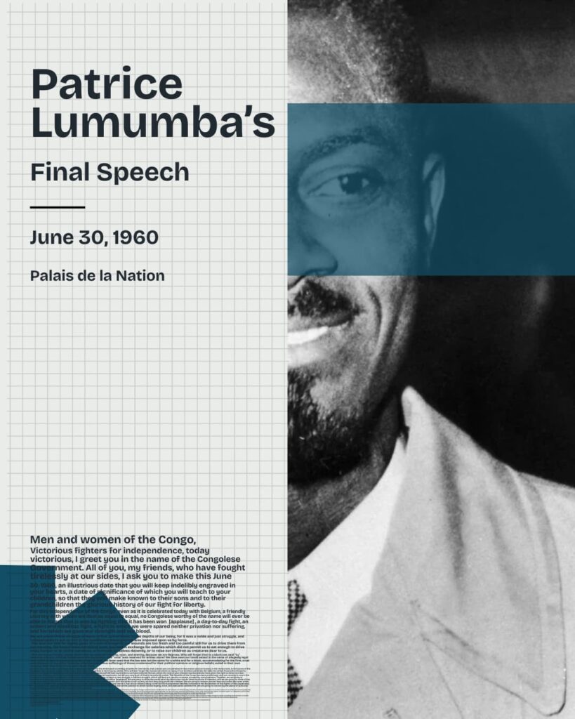 Patrice Lumumba delivering his 1960 independence speech, styled in a high-contrast Constructivist layout.