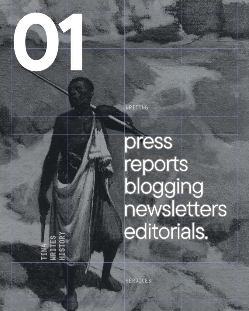 Black and white archival painting of a historical figure with overlay text listing writing services: press, reports, blogging, newsletters, and editorials.