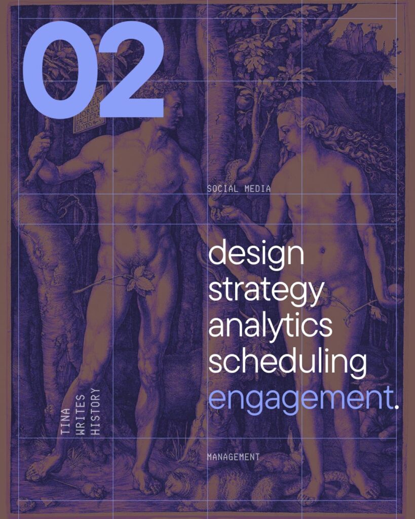 Purple-toned classical Renaissance-style engraving of two figures with overlay text listing social media services: design, strategy, analytics, scheduling, and engagement.