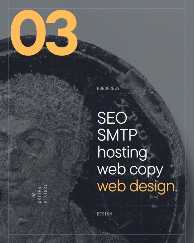 Close-up of an ancient coin or artifact with yellow accent text listing web design services: SEO, SMTP, hosting, web copy, and web design.