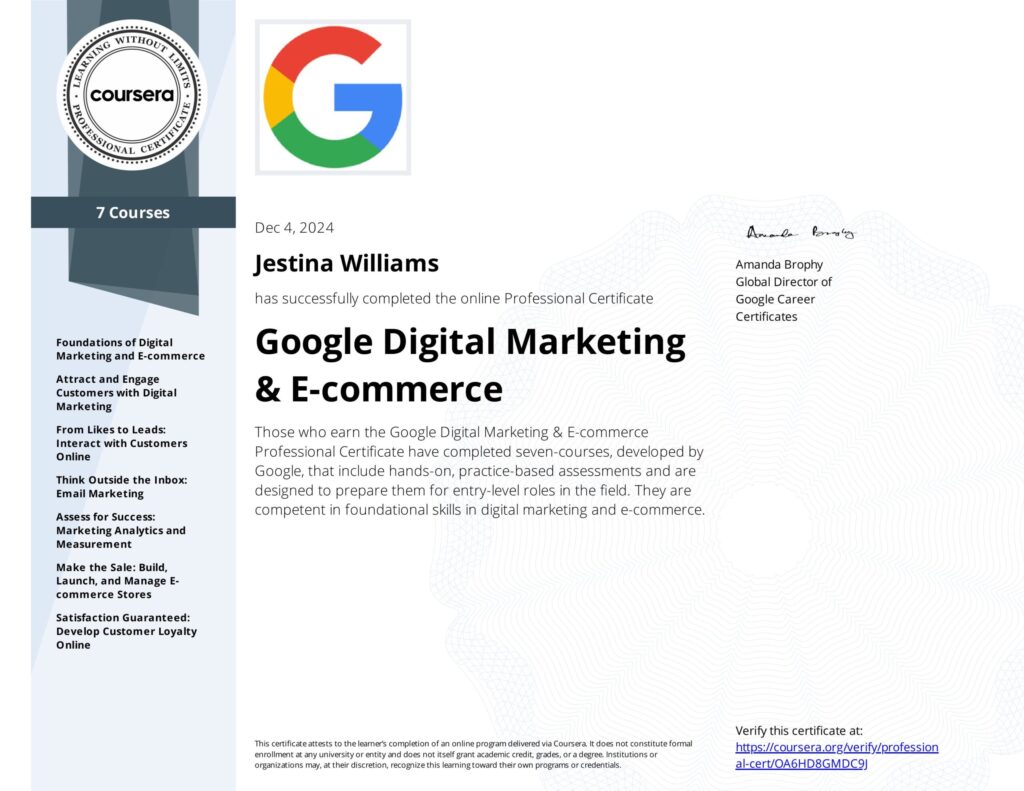 Digital marketing certification for Jestina Williams from Tina Writes History presented by Google.