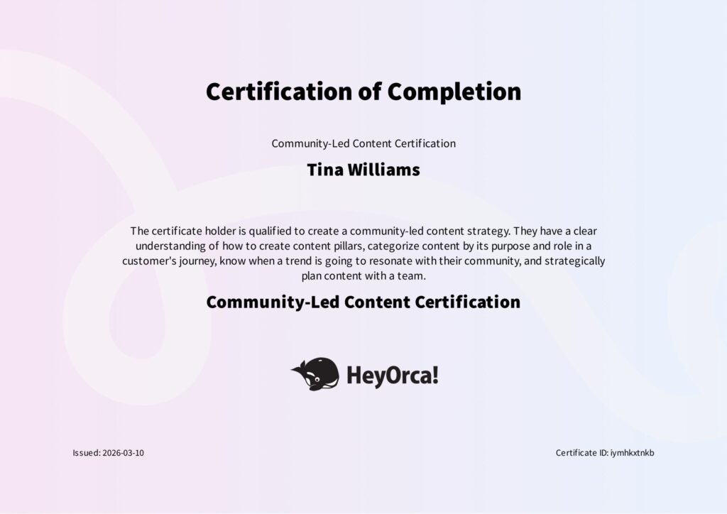 Community-based certification for Jestina Williams from Tina Writes History presented by HeyOrca!
