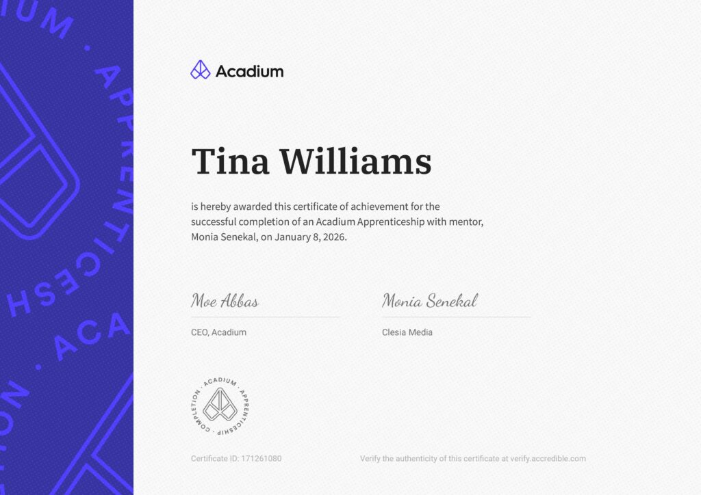 Social media marketing certification for Jestina Williams from Tina Writes History presented by Acadium